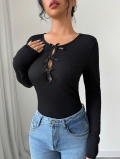 Women's Slim Fit Rib Knit Long Sleeve T-Shirt With Bowknot Cut Out Detail Pullover Casual Polyester Blend Fall Winter Top
