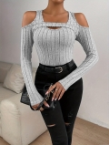 Women's Elegant Cutout Cold Shoulder Ribbed Knit Long Sleeve T-Shirt Slim Fit Polyester Spandex Gray Top for Commuting Daily Casual Wear