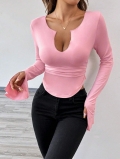 Women's Sexy V Neck Slim Fit Crop T-Shirt Long Sleeve Flared Split Cuff Solid Pink Polyester Top for Party Club Fashion