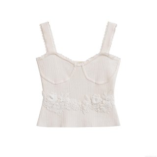 Women Summer Sexy Lace Trim Ribbed Knit Tank Top Sleeveless Slim Fit Crop Camisole With Flower Embroidery Scalloped Edge Breathable Streetwear Top