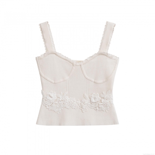 Women Summer Sexy Lace Trim Ribbed Knit Tank Top Sleeveless Slim Fit Crop Camisole With Flower Embroidery Scalloped Edge Breathable Streetwear Top