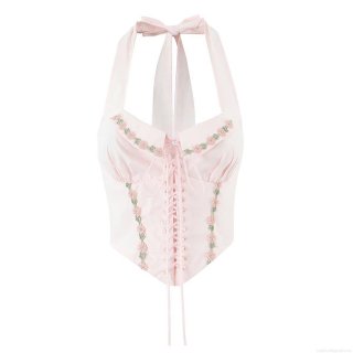 Women's Sexy Halter Corset Top With Floral Embroidery Vintage Lace Up Backless Crop Top Sleeveless Nylon Elastane Camisole For Summer Streetwear