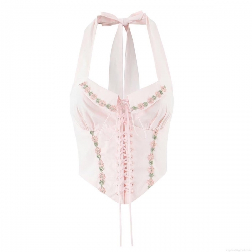 Women's Sexy Halter Corset Top With Floral Embroidery Vintage Lace Up Backless Crop Top Sleeveless Nylon Elastane Camisole For Summer Streetwear