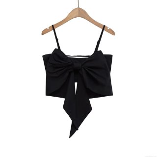 Women Sexy Black Big Bow Decor Crop Top Camisole Cotton Blend Backless Adjustable Spaghetti Strap Tank Top For Party Summer Street Style Fashion
