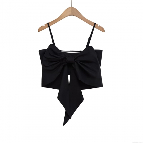 Women Sexy Black Big Bow Decor Crop Top Camisole Cotton Blend Backless Adjustable Spaghetti Strap Tank Top For Party Summer Street Style Fashion