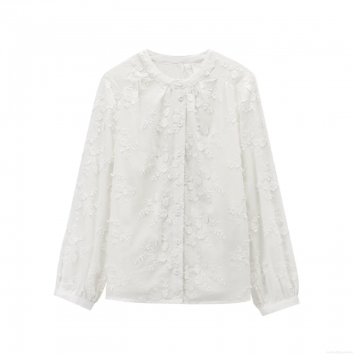 Women's Floral Embroidery Long Sleeve Shirt Elegant White Round Neck Single Breasted Blouse For Casual Summer Streetwear Lady Tops