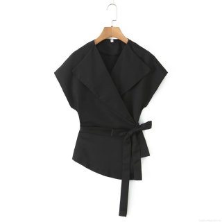 Women's Sleeveless V Neck Blouse Polyester Woven Large Lapel Wrap Tie Waist Summer Fashion Solid Color Slim Fit Streetwear Office Casual Top