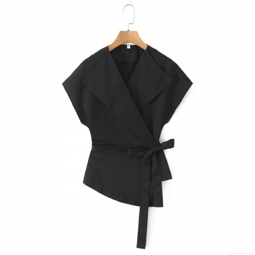 Women's Sleeveless V Neck Blouse Polyester Woven Large Lapel Wrap Tie Waist Summer Fashion Solid Color Slim Fit Streetwear Office Casual Top