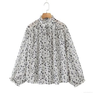 Women's Polka Dot Chiffon Blouse Elegant Wood Ear Ruffle Stand Collar Lantern Sleeve Shirt Loose Casual Streetwear Tie Bow Front Tops for Women