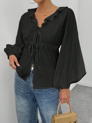 Women's Vintage Ruffle V-Neck Tie Front Blouse Lantern Sleeve Solid Color Casual Loose Shirt Top Fashion Elegant Long Sleeve Outfits For Women