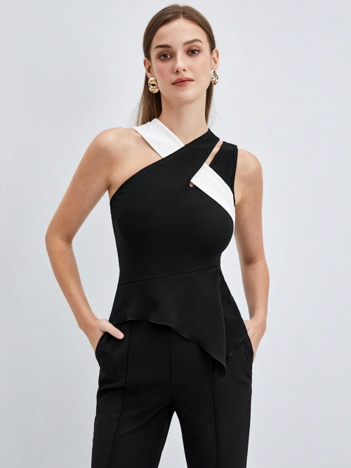 Women's Sexy Asymmetrical Color Block Tank Top One Shoulder Crossover Crop Top Sleeveless Patchwork Ruffle Hem Camisole Streetwear Party Clubwear
