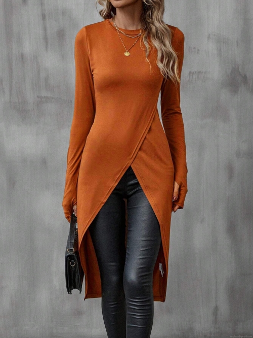 Women's Caramel Long Sleeve T-Shirt Round Neck Slim Fit Knitted Polyester Tunic Top with Asymmetrical Cross Split Hem Elegant Longline T-Shirt for Autumn Winter
