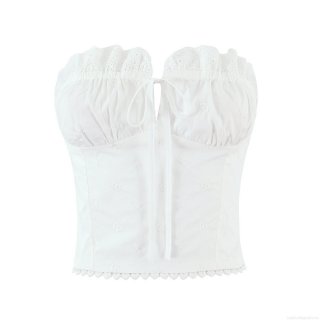 Women White Cotton Lace Embroidery Tube Top Sexy Strapless Crop Top With Chest Tie Bow Hollow Out Eyelet Embroidery Back Smocked Bandeau Top Summer Streetwear