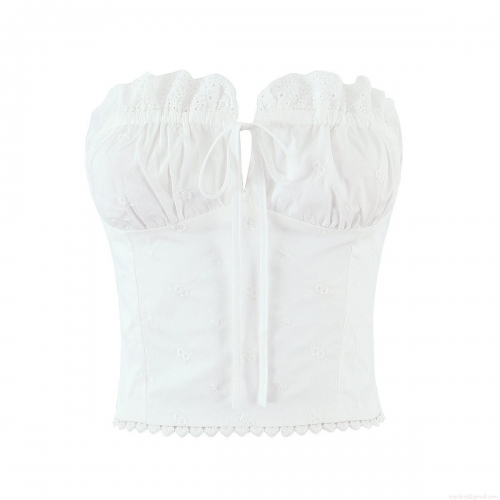 Women White Cotton Lace Embroidery Tube Top Sexy Strapless Crop Top With Chest Tie Bow Hollow Out Eyelet Embroidery Back Smocked Bandeau Top Summer Streetwear