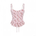 Women's Pink Striped Peplum Camisole Top With Bow Print Ruffled Straps Lace-up Back Corset Style Streetwear Summer Sleeveless Shirt For Women