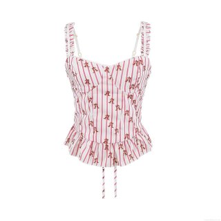 Women's Pink Striped Peplum Camisole Top With Bow Print Ruffled Straps Lace-up Back Corset Style Streetwear Summer Sleeveless Shirt For Women