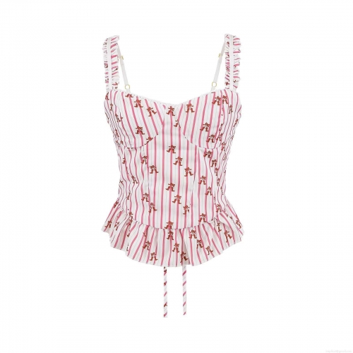 Women's Pink Striped Peplum Camisole Top With Bow Print Ruffled Straps Lace-up Back Corset Style Streetwear Summer Sleeveless Shirt For Women