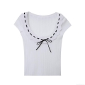Women's Ribbed Knit T-Shirt Contrast Bow Ruffle Trim U-Neck Short Sleeve Slim Fit Casual Streetwear Tee Top For Women