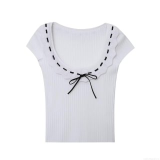 Women's Ribbed Knit T-Shirt Contrast Bow Ruffle Trim U-Neck Short Sleeve Slim Fit Casual Streetwear Tee Top For Women