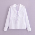 Women's White Long Sleeve Blouse 100% Polyester Lapel Tie Front Bow Ruffle Pocket Top Casual Streetwear Shirt for Women Office Daily Wear