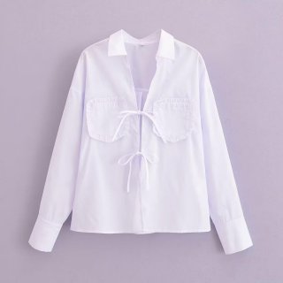 Women's White Long Sleeve Blouse 100% Polyester Lapel Tie Front Bow Ruffle Pocket Top Casual Streetwear Shirt for Women Office Daily Wear