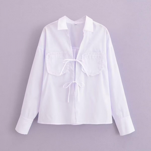 Women's White Long Sleeve Blouse 100% Polyester Lapel Tie Front Bow Ruffle Pocket Top Casual Streetwear Shirt for Women Office Daily Wear