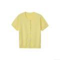 Women Short Sleeve Knit T-Shirt With Pearl Bow Buttons Round Neck Solid Yellow Sweet Summer Cardigan Top For Women Casual Streetwear