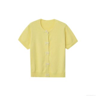 Women Short Sleeve Knit T-Shirt With Pearl Bow Buttons Round Neck Solid Yellow Sweet Summer Cardigan Top For Women Casual Streetwear