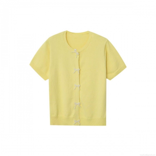 Women Short Sleeve Knit T-Shirt With Pearl Bow Buttons Round Neck Solid Yellow Sweet Summer Cardigan Top For Women Casual Streetwear