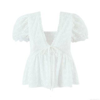 Women's V Neck Hollow Out Eyelet Cotton T-Shirt Puff Short Sleeve Lace Embroidery Tie Front Crop Top Summer Casual French Style Streetwear Blouse