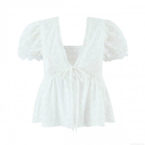 Women's V Neck Hollow Out Eyelet Cotton T-Shirt Puff Short Sleeve Lace Embroidery Tie Front Crop Top Summer Casual French Style Streetwear Blouse
