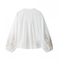Women's V Neck Long Sleeve Floral Embroidery Pleated Blouse Elegant Polyester Loose Shirt Casual Boho Top For Women