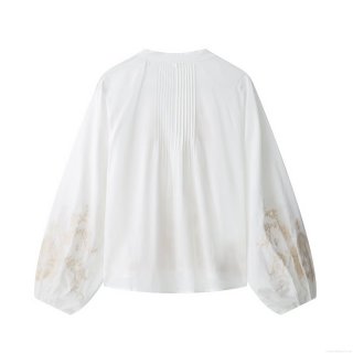 Women's V Neck Long Sleeve Floral Embroidery Pleated Blouse Elegant Polyester Loose Shirt Casual Boho Top For Women
