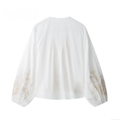 Women's V Neck Long Sleeve Floral Embroidery Pleated Blouse Elegant Polyester Loose Shirt Casual Boho Top For Women