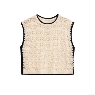 Women's Round Neck Hollow Out Knitted Vest Contrast Trim Crochet Waistcoat Sleeveless Summer Knit Tank Top French Vintage Style Streetwear For Women
