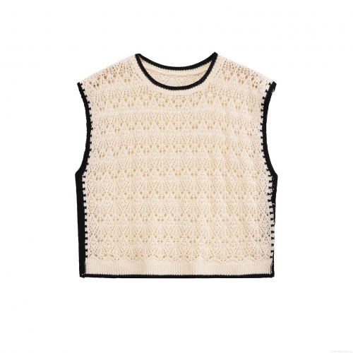 Women's Round Neck Hollow Out Knitted Vest Contrast Trim Crochet Waistcoat Sleeveless Summer Knit Tank Top French Vintage Style Streetwear For Women