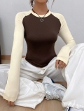 Women's Casual Contrast Color Raglan Long Sleeve T-Shirt Slim Fit Round Neck Polyester Blend Base Layer Top For Autumn Winter