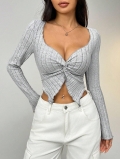 Women's Sexy Ribbed Knit Long Sleeve Cropped T-Shirt Sweetheart Neck Knot Front Slim Fit Navel Top Fall Winter Solid Color Tee