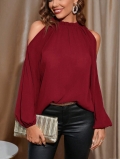 Women's Elegant Burgundy Cold Shoulder Long Sleeve Top Pleated Mock Neck Polyester T-Shirt Blouse For Party Evening Sexy Clubwear
