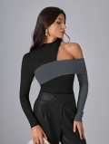 Women Asymmetrical Cutout Shoulder Long Sleeve Knit Top Patchwork Color Block Slim Fit High Neck Ribbed Tee Streetwear Party Clubwear Fashion Shirt