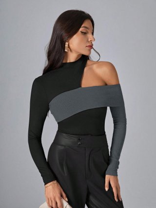 Women Asymmetrical Cutout Shoulder Long Sleeve Knit Top Patchwork Color Block Slim Fit High Neck Ribbed Tee Streetwear Party Clubwear Fashion Shirt