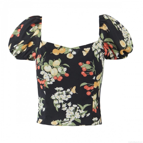 Women's Square Neck Puff Sleeve T-Shirt Backless Lace Up Cherry Floral Print Polyester Summer Slim Fit Crop Top Street Style Fashion Tee