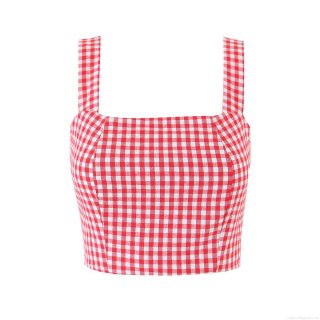 Women's Summer Red White Gingham Square Neck Crop Top 100% Cotton Backless Smocked Strappy Camisole Side Zipper Casual Streetwear Sexy Tank Top