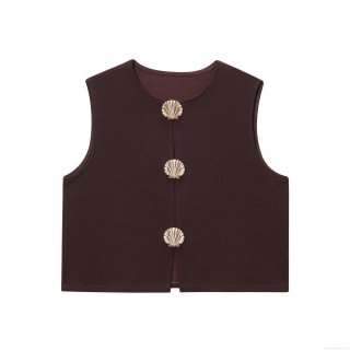 Women's Round Neck Sleeveless Vest Top With Gold Shell Buttons European American Style Casual Short Single Breasted Waistcoat Streetwear Solid Color Fashion Outerwear
