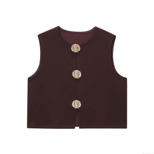 Women's Round Neck Sleeveless Vest Top With Gold Shell Buttons European American Style Casual Short Single Breasted Waistcoat Streetwear Solid Color Fashion Outerwear