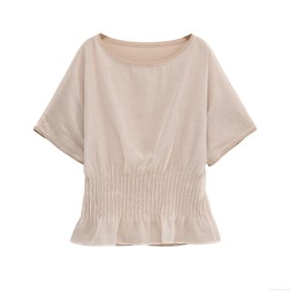 Women's Round Neck Short Sleeve T-Shirt Mercerized Cotton Mesh Patchwork Waist-Cinched Smocking Top Elegant Solid Color Summer Casual Streetwear Tee