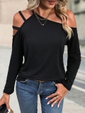 Women's Cold Shoulder T-Shirt Sexy Asymmetric Neck Long Sleeve Polyester Elastane Slim Fit Intellectual Commuting Solid Black Elegant Top