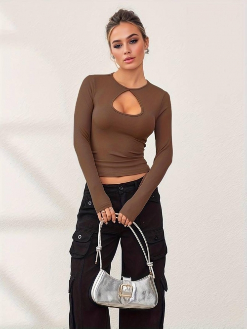 Women's Sexy Ribbed Knit Long Sleeve T-Shirt Hollow Out Cut Out Chest Slim Fit Solid Color Polyester Elastane Pullover Top For Casual Party Night