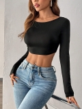Women's Sexy Long Sleeve Backless Cropped T-Shirt 95% Polyester 5% Elastane Slim Fit Round Neck Tie-Back Top Minimalist Streetwear Casual Party Apparel