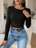 Women's Slim Fit Rib-Knit T-Shirt Long Sleeve Cropped Top With Lace Patchwork Hem Minimalist Solid Color Casual Shirt For Women